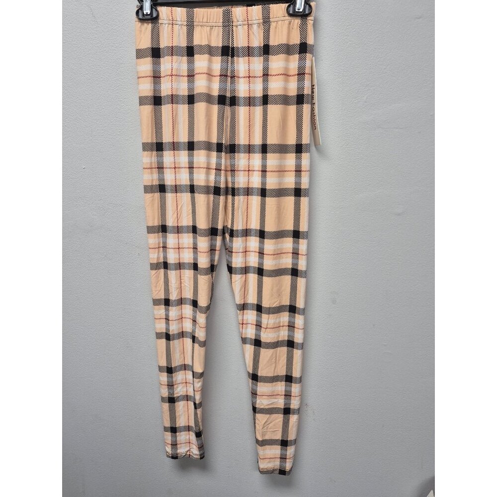 Plaid Beige & Black Womens Stretch Leggings One Size By New Fashion